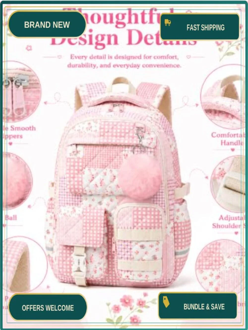 Quilted Patchwork Backpack Set with Insulated Lunch Bag & Pencil Case, Floral
